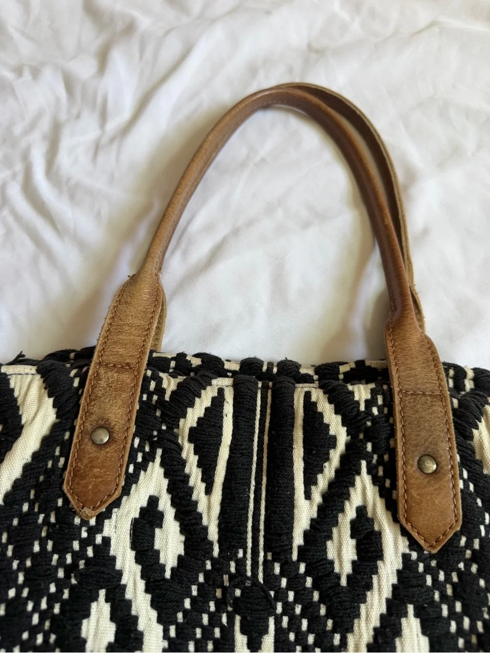 Jasper & Jeera Woven Boho Fringe Tote Bag Tribal Jacquard Leather Handles